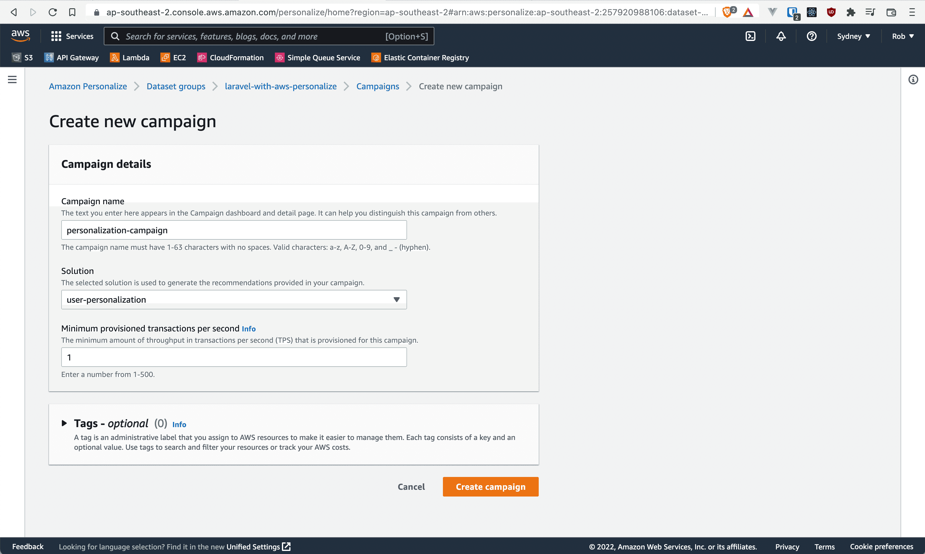 AWS Personalize Create a Campaign